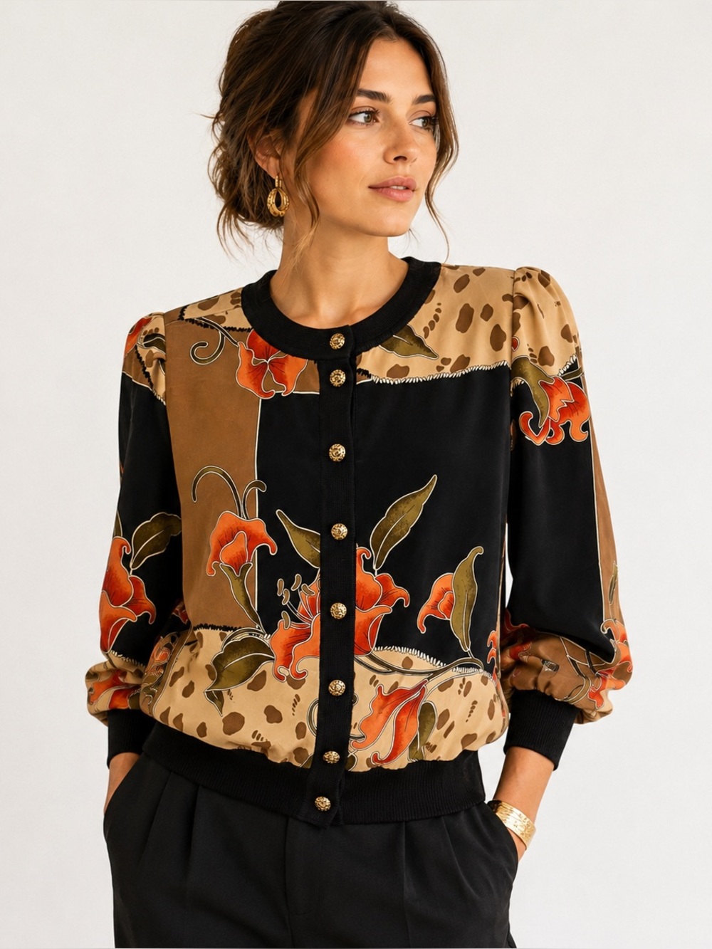 Vintage 80s Floral Animal Print Blouson Blouse Rich Prep M